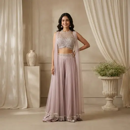 [39742001FB27D4] Dusty Lilac Heavily Embellished Crop Top Palazzo Cape Set