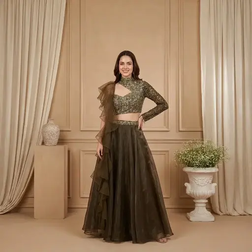 [39742026GX40D3] Mehendi Green Sequin Embellished Asymmetric Crop Top Skirt Set