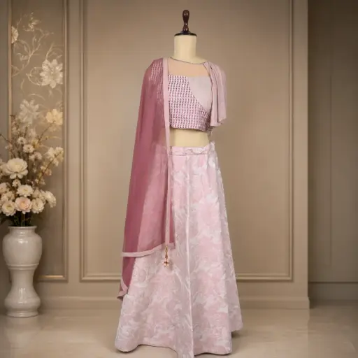 [40418001MO6273] Women's Blush Pink Printed Lehenga Choli with Draped Dupatta for Wedding Reception and Festive Wear