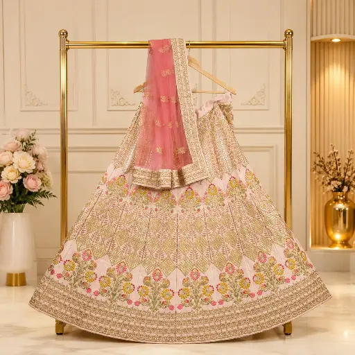[40418002MK7475] Women's Blush Pink Lehenga Choli with Floral Embroidery and Coral Net Dupatta