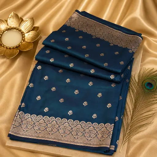 [40417001KM9596] Elegant Teal Blue Banarasi Silk Saree with Silver Zari Buta & Floral Border