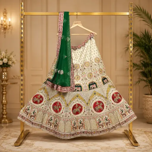 [67918001KM7996] Women's Ivory Lehenga Choli with Elephant Embroidery and Green Dupatta