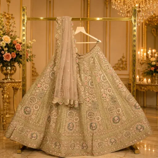 [73318001GU84D2] Women's Champagne Gold Bridal Lehenga Choli with Sequins, Floral Embroidery and Matching Net Dupatta