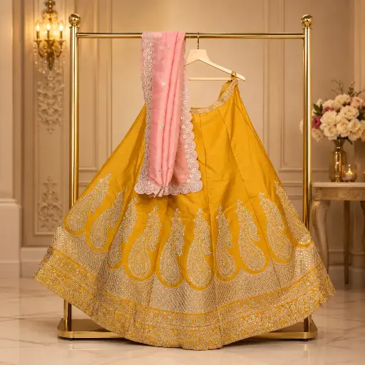 [73318001GV57D2] Women's Mustard Yellow Lehenga Choli with Paisley Embroidery and Pink Dupatta