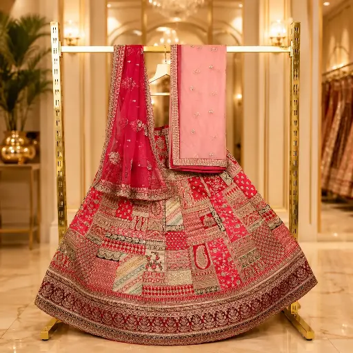 [73318001GV60D2] Women's Pink Bridal Lehenga Choli with Patchwork Embroidery and Net Dupatta