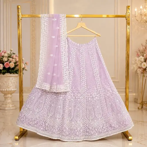 [73318001GV75D2] Women's Lavender Embroidered Lehenga Choli with Matching Dupatta