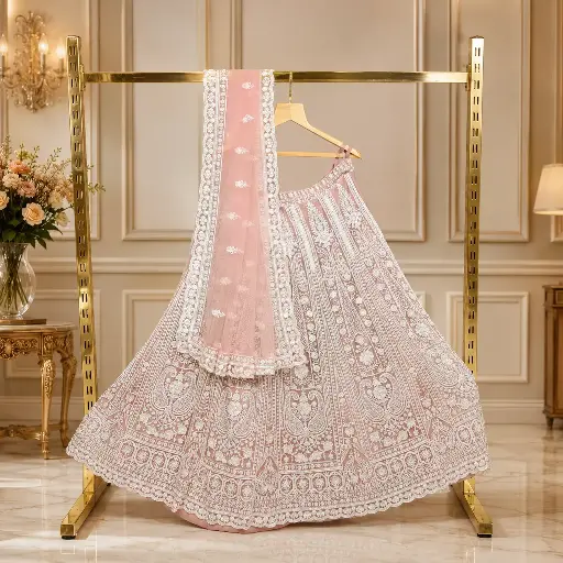 [73318001GV78D2] Women's Blush Pink Lehenga Choli with White Embroidery & Matching Dupatta
