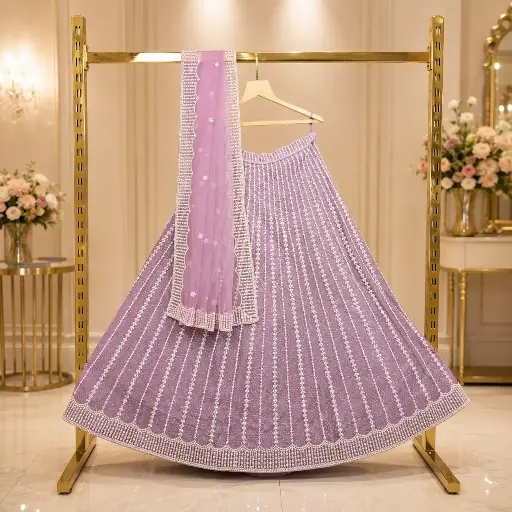 [73318001GV82D2] Women's Lavender Lehenga Choli with Pearl Sequin Work & Matching Dupatta