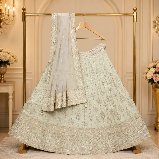 [73318001HS41C1] Women's Ivory Mint Lehenga Choli with Gold Sequin Embroidery & Matching Dupatta