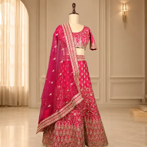 [73318001HS43C1] Women's Pink Bridal Lehenga Choli with Gold Embroidery and Net Dupatta