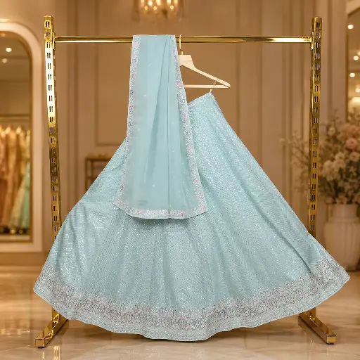 [73318001HU96C2] Women's Ice Blue Lehenga Choli with Sequin Embroidery and Net Dupatta