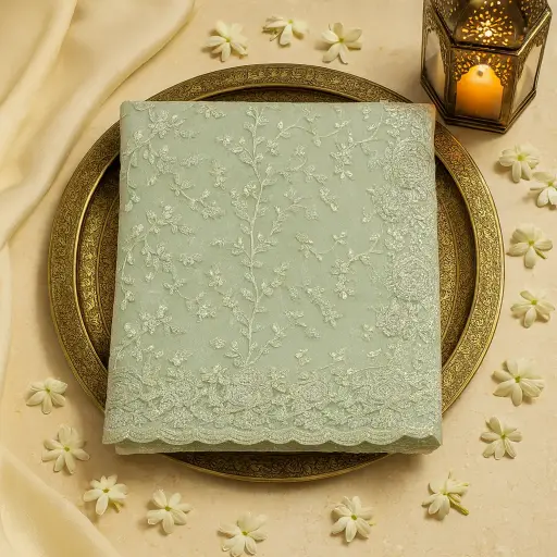 [73317001GQ49D1] Elegant Mint Green Designer Saree With Intricate Floral Embroidery