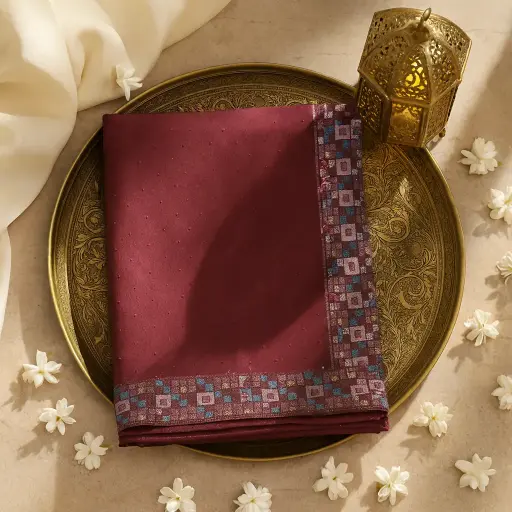 [73317001HO05C0] Elegant Maroon Saree with Geometric Mosaic Sequin Border