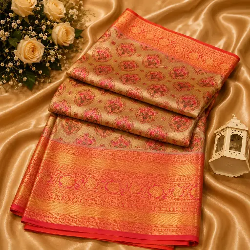 [73317001HR30C0] Golden Banarasi Silk Saree with Coral Pink Floral Motifs & Rich Zari Border