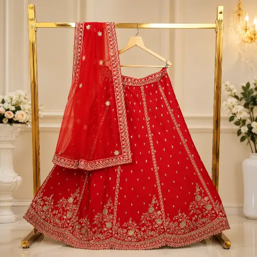 [90518001FW77E1] Women's Red Floral Embroidered Lehenga Choli with Matching Dupatta