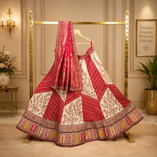 [90518001FW78E1] Women's Pink & Ivory Lehenga Choli with Floral Embroidery and Matching Dupatta