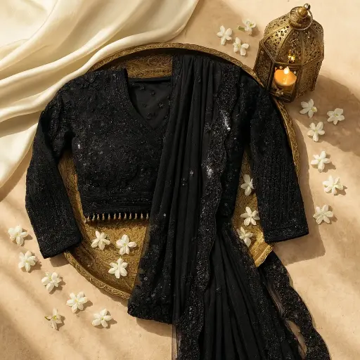 [90517001FX00E1] Elegant Black Net Saree with Heavy Sequin Embroidery Work