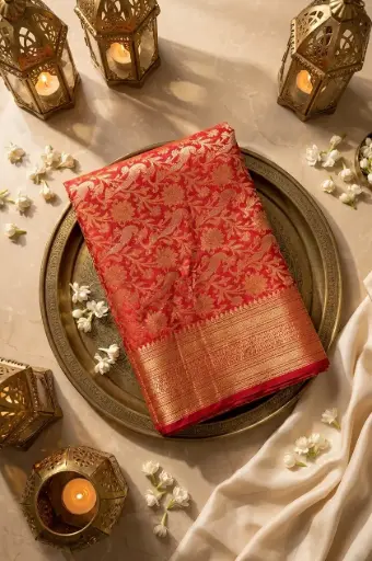 [84509001GG46C9] Crimson Red Pure Silk Saree with Golden Zari Jaal