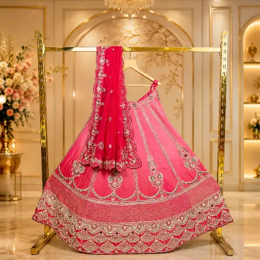[88618031GR86D2] Women's Pink Bridal Lehenga Choli with Silver Embroidery and Matching Dupatta
