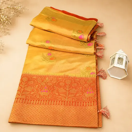 [05617012MK6286] Mustard Gold Banarasi Style Saree with Orange Zari Border and Tassel Pallu