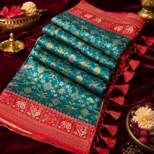 [05609001EL65E6] Teal Blue Patola Print Saree with Red Border & Tassels