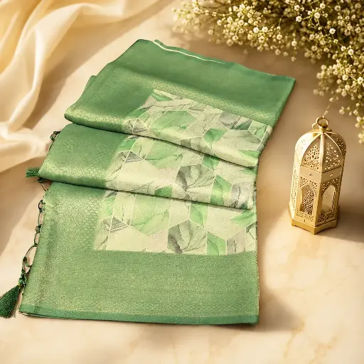 [05609001FP24E0] Light Green Banarasi Silk Saree with Geometric Print & Zari Border
