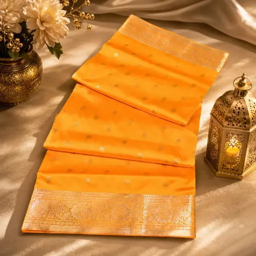 [05609001FV23E1] Golden Yellow Banarasi Silk Saree with Silver Zari Border
