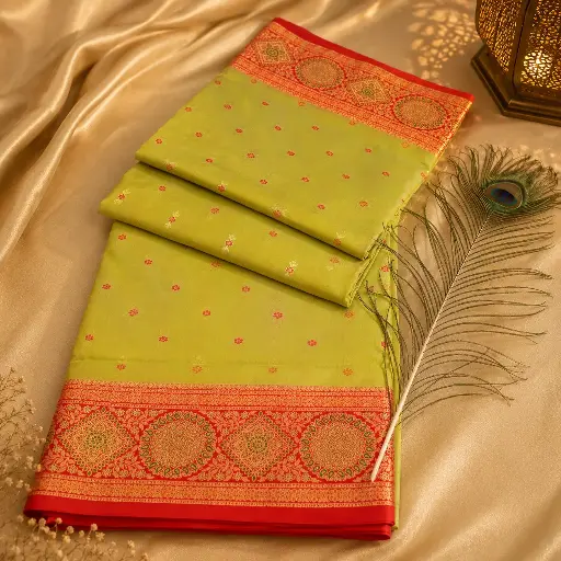 [05609001HK09B7] Pistachio Green Banarasi Silk Saree with Pink Zari Buti & Rich Floral Border