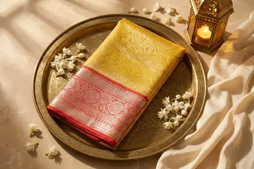 [05609001HK14B7] Radiant Yellow and Red Banarasi Silk Brocade Saree
