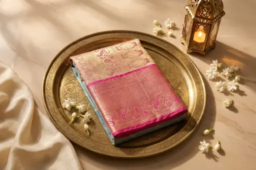 [05609001HK19B7] Dual-Tone Blue and Rani Pink Kanchipuram Silk Saree