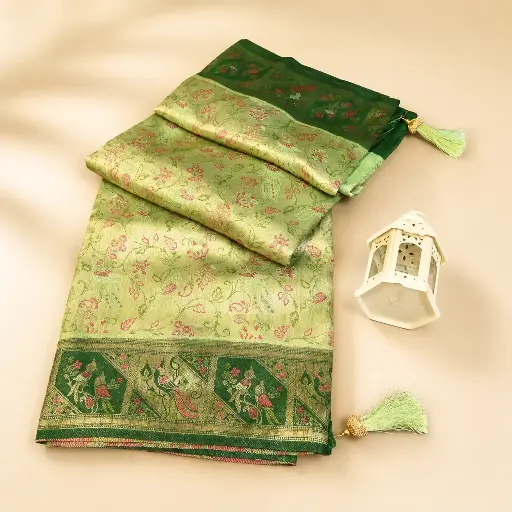 [05609001HL31B8] Light Green Banarasi Style Saree with Dark Green Floral Border and Tassel Pallu