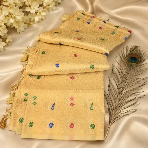 [05609001HU19C1] Cream Soft Silk Saree with Multicolor Buttas, Rich Woven Border & Tassel Pallu
