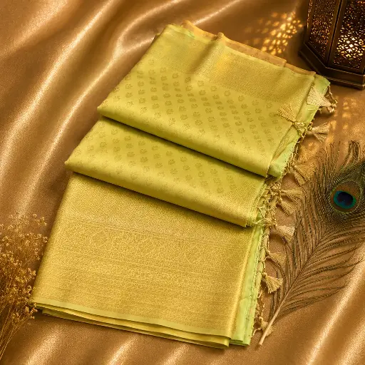 [05609001JO45A4] Pastel Lime Green Soft Silk Saree with Self Woven Buttas & Tassel Pallu