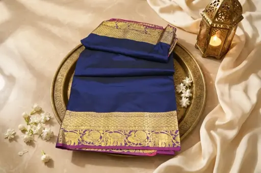 [05609001MB6469] Royal Blue Tana Soft Silk Saree with Zari Border