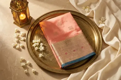 [05609001YM70C8] Peach and Teal Silk Saree with Zari Border