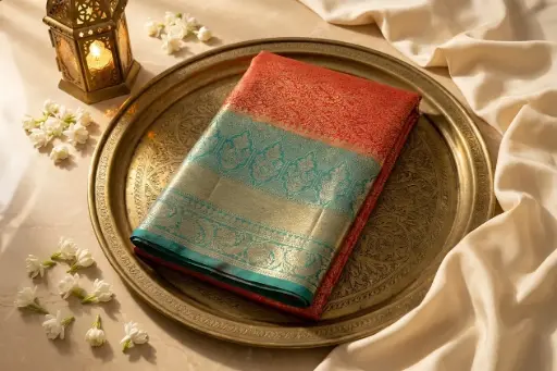 [05609001ZD99E7] Dual-Tone Crimson and Peacock Teal Banarasi Silk Saree