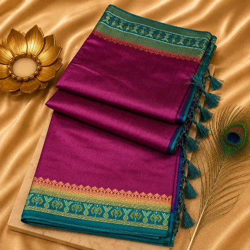 [05609002EI45E5] Elegant Purple Silk Saree with Teal Woven Border & Tassels