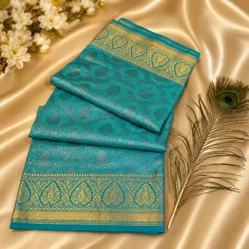 [05609002HK54B7] Turquoise Blue Soft Silk Saree with Gold Zari Buttas & Traditional Woven Border