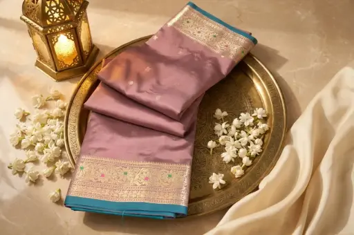 [05609002PM94D0] Dusty Mauve and Peacock Teal Banarasi Silk Saree