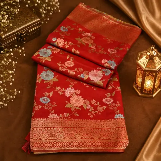 [05609002QP76D0] Red Banarasi Kanjivaram Silk Saree with Gold Zari Floral Weaving 