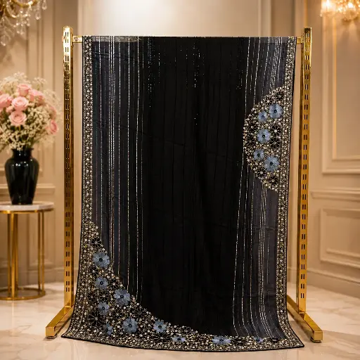 [72117002FL34E0] Black Organza Saree with Silver Sequin Stripes, Blue Floral Embroidery