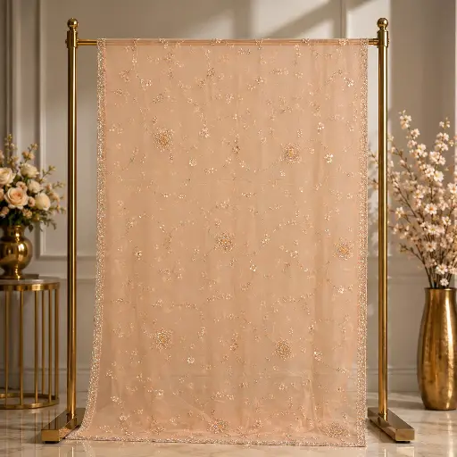 [72117018JQ86A4] Elegant Peach Net Saree with Floral Vine Embroidery and Sequin Border