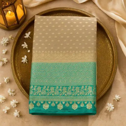 [91917001FQ11E0] Elegant Mint Green and Gold Designer Zari Embellished Saree