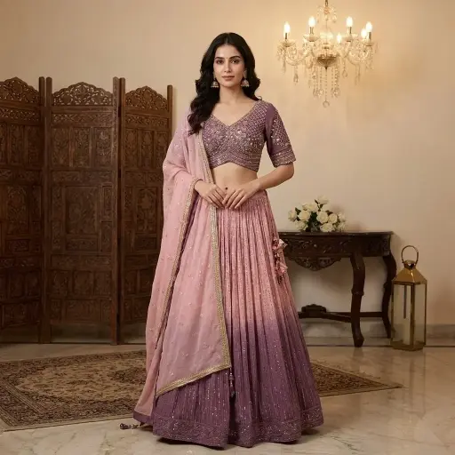 [75142002GO79D0] Mauve and Blush Pink Ombre Embroidered Silk Lehenga Set 