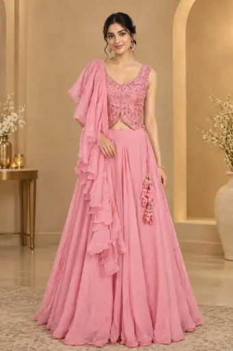 [75142002PP60C9] Blush Pink Embroidered Crop Top Lehenga Set with Ruffled Dupatta