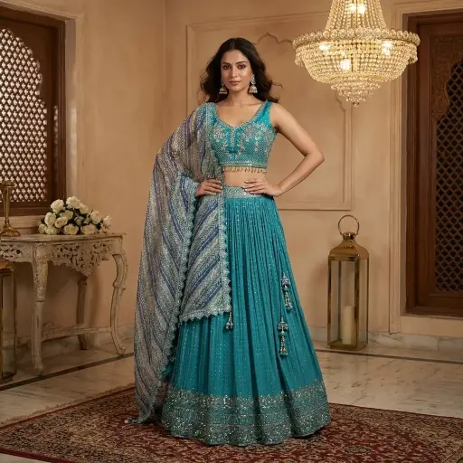 [75142025ZL24B0] Teal Blue Embroidered Georgette Lehenga Choli Set