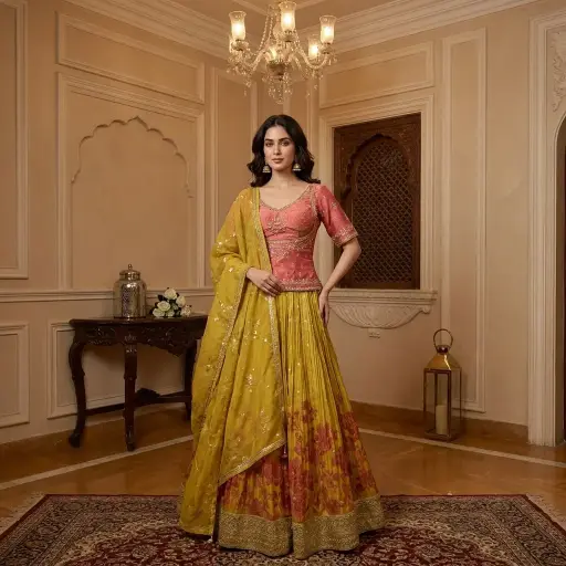 [75142037VR23C9] Mustard Yellow Pleated Floral Lehenga with Embroidered Blouse