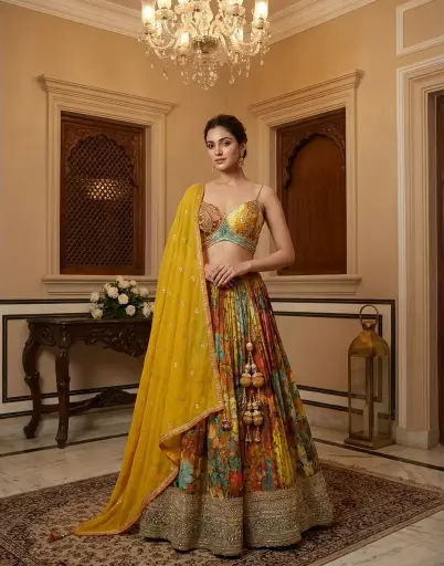 [75142043HY04C5] Mustard Yellow Multicolor Printed Designer Lehenga Choli Set 