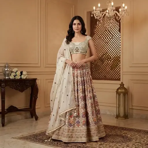 [75142064PN59C5] Cream Silk Patola Print Lehenga Set with Embroidered Blouse