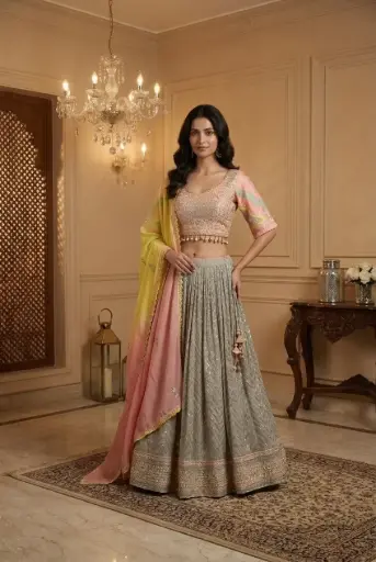 [75144039XO27B0] Grey Georgette Embroidered Lehenga with Peach Embroidered Crop Blouse